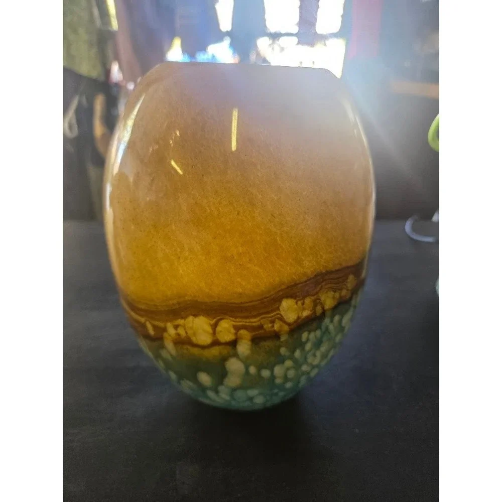 Art Glass Vase Ovoid Hand Blown Amber Blue White Bubble Speckle 8 Inch